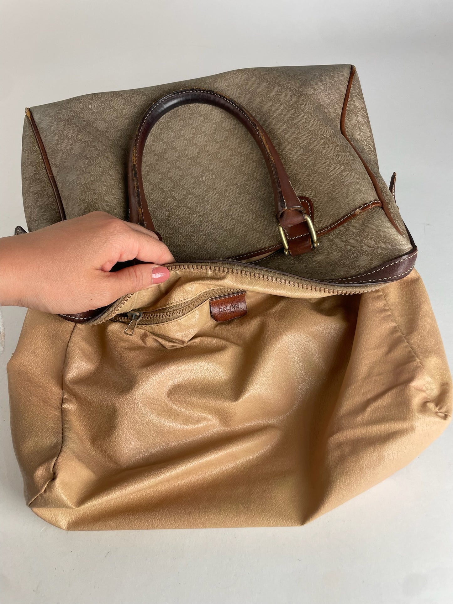 Vintage Celine Leather Monogram Handbag Beige Brown