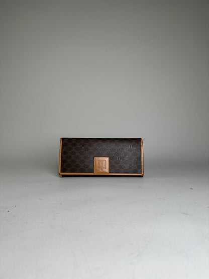 Vintage Celine Coated Canvas Long Wallet Dark Brown Tan Gold