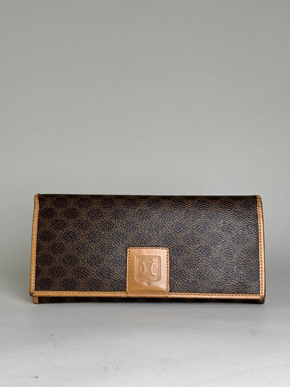 Vintage Celine Coated Canvas Long Wallet Dark Brown Tan Gold