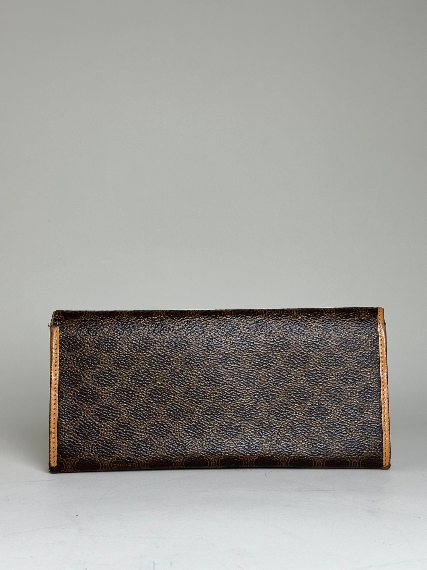 Vintage Celine Coated Canvas Long Wallet Dark Brown Tan Gold