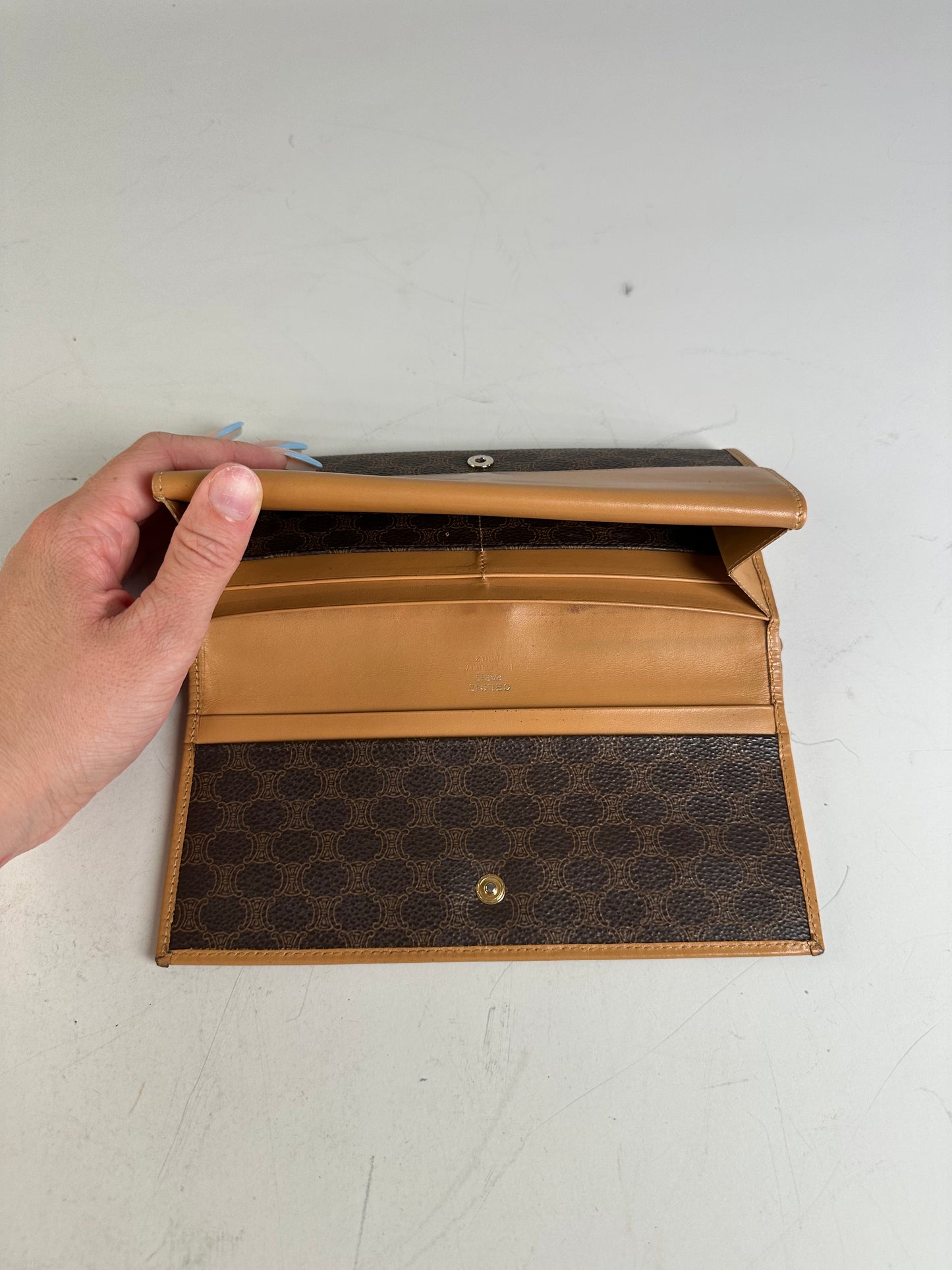 Vintage Celine Coated Canvas Long Wallet Dark Brown Tan Gold