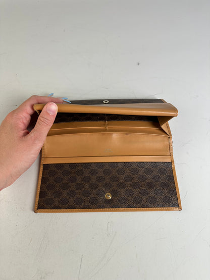 Vintage Celine Coated Canvas Long Wallet Dark Brown Tan Gold