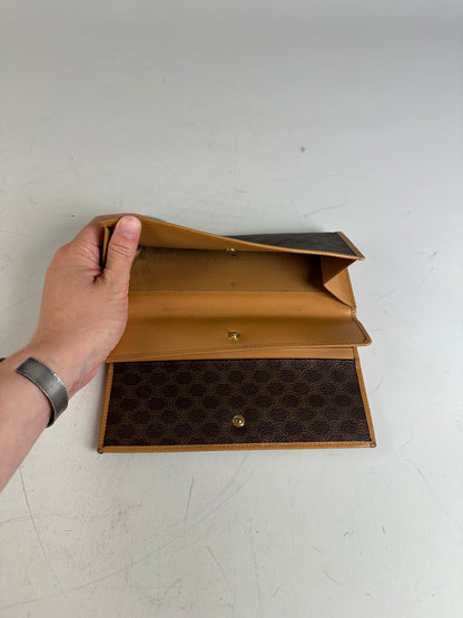 Vintage Celine Coated Canvas Long Wallet Dark Brown Tan Gold