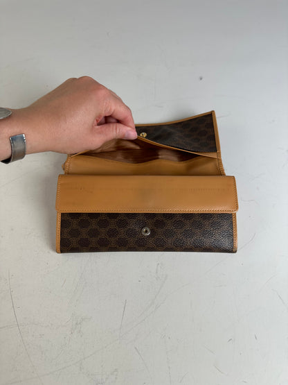 Vintage Celine Coated Canvas Long Wallet Dark Brown Tan Gold