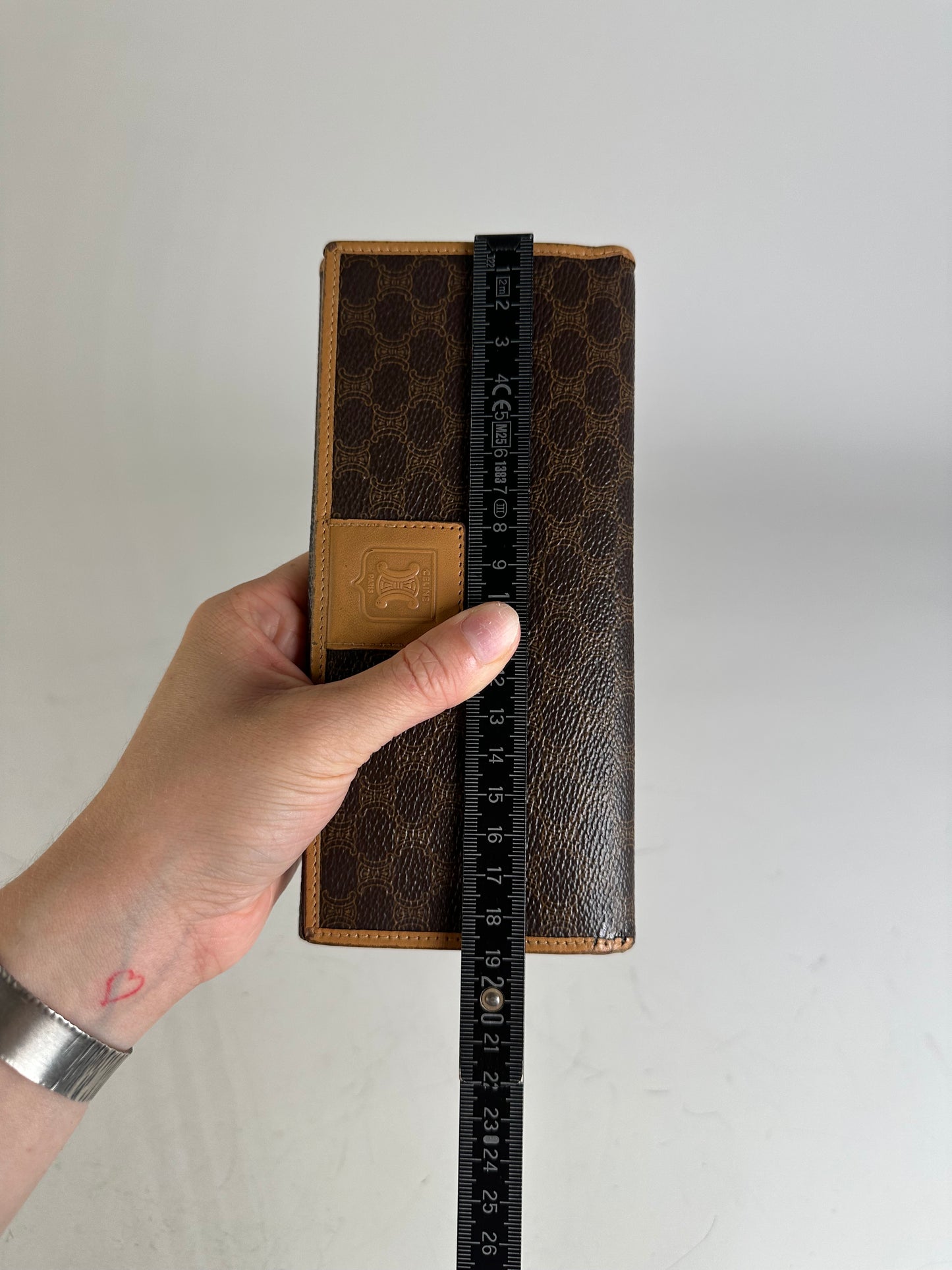 Vintage Celine Coated Canvas Long Wallet Dark Brown Tan Gold