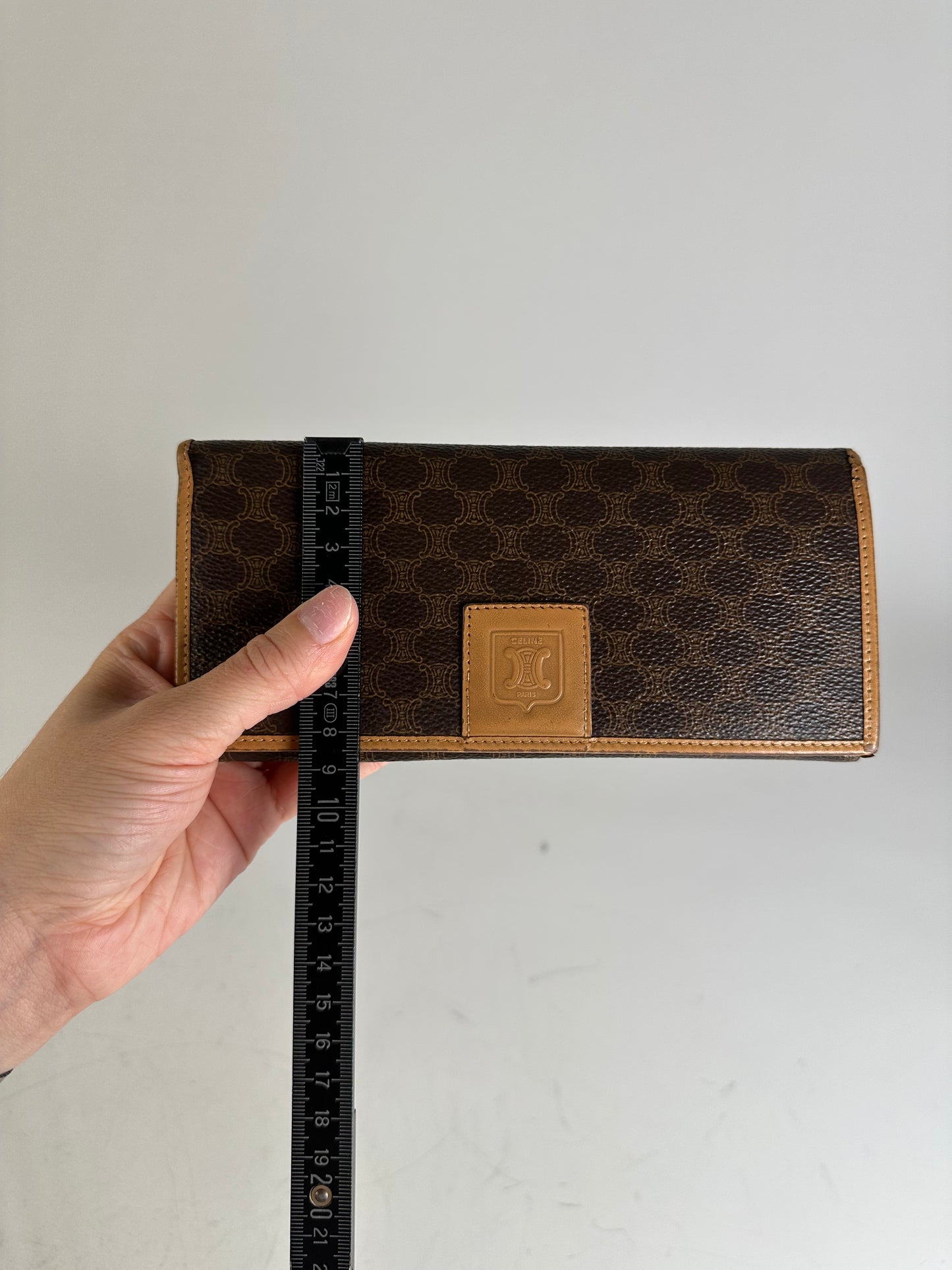 Vintage Celine Coated Canvas Long Wallet Dark Brown Tan Gold