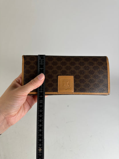 Vintage Celine Coated Canvas Long Wallet Dark Brown Tan Gold
