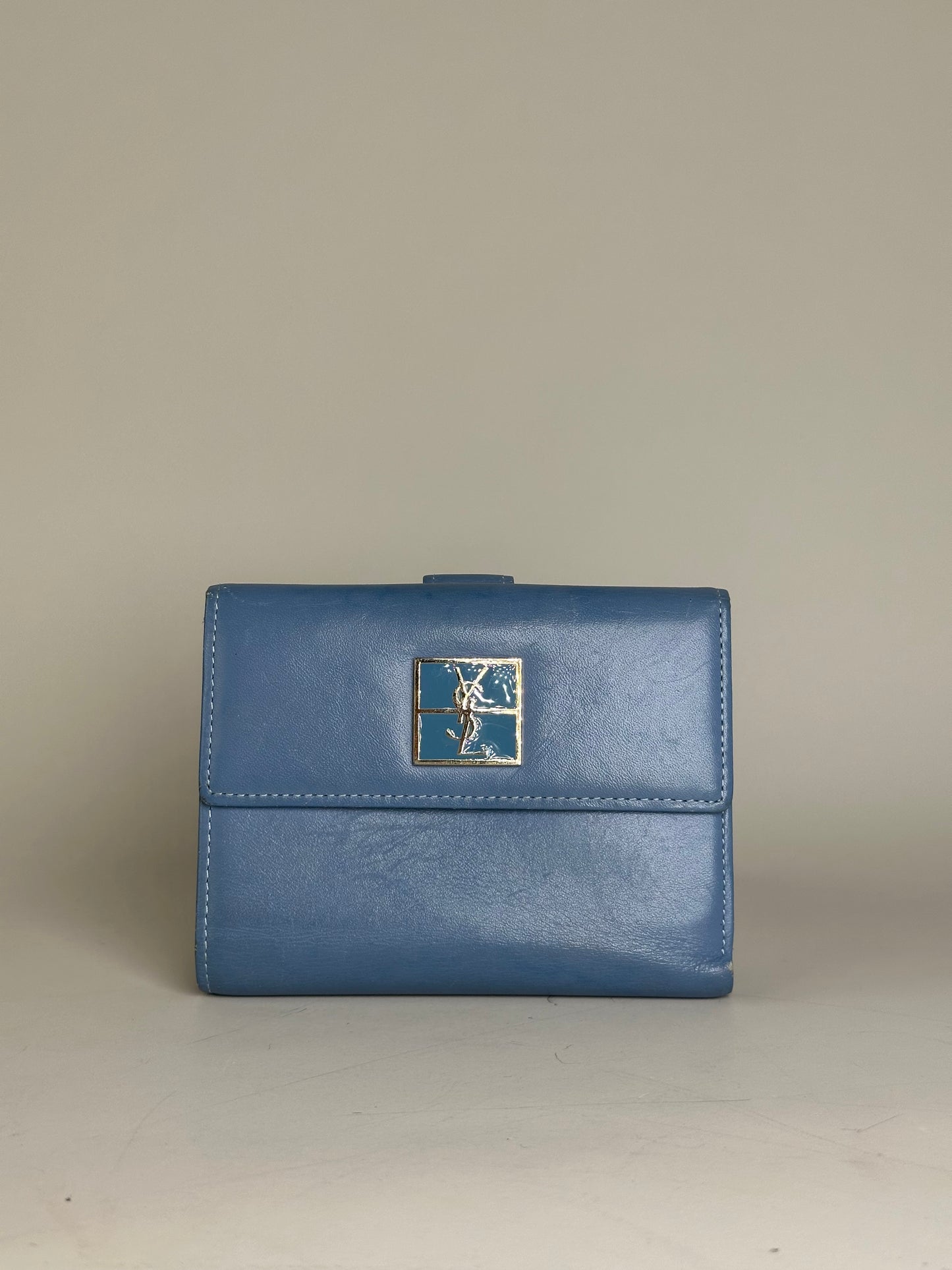 Vintage Saint Laurent Grained Leather Wallet Cobalt Blue Gold
