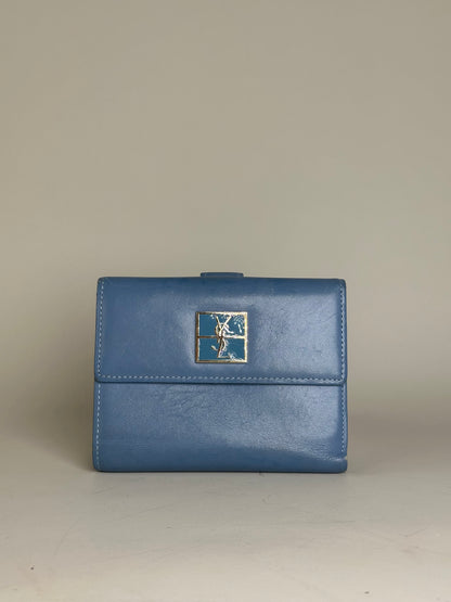 Vintage Saint Laurent Grained Leather Wallet Cobalt Blue Gold
