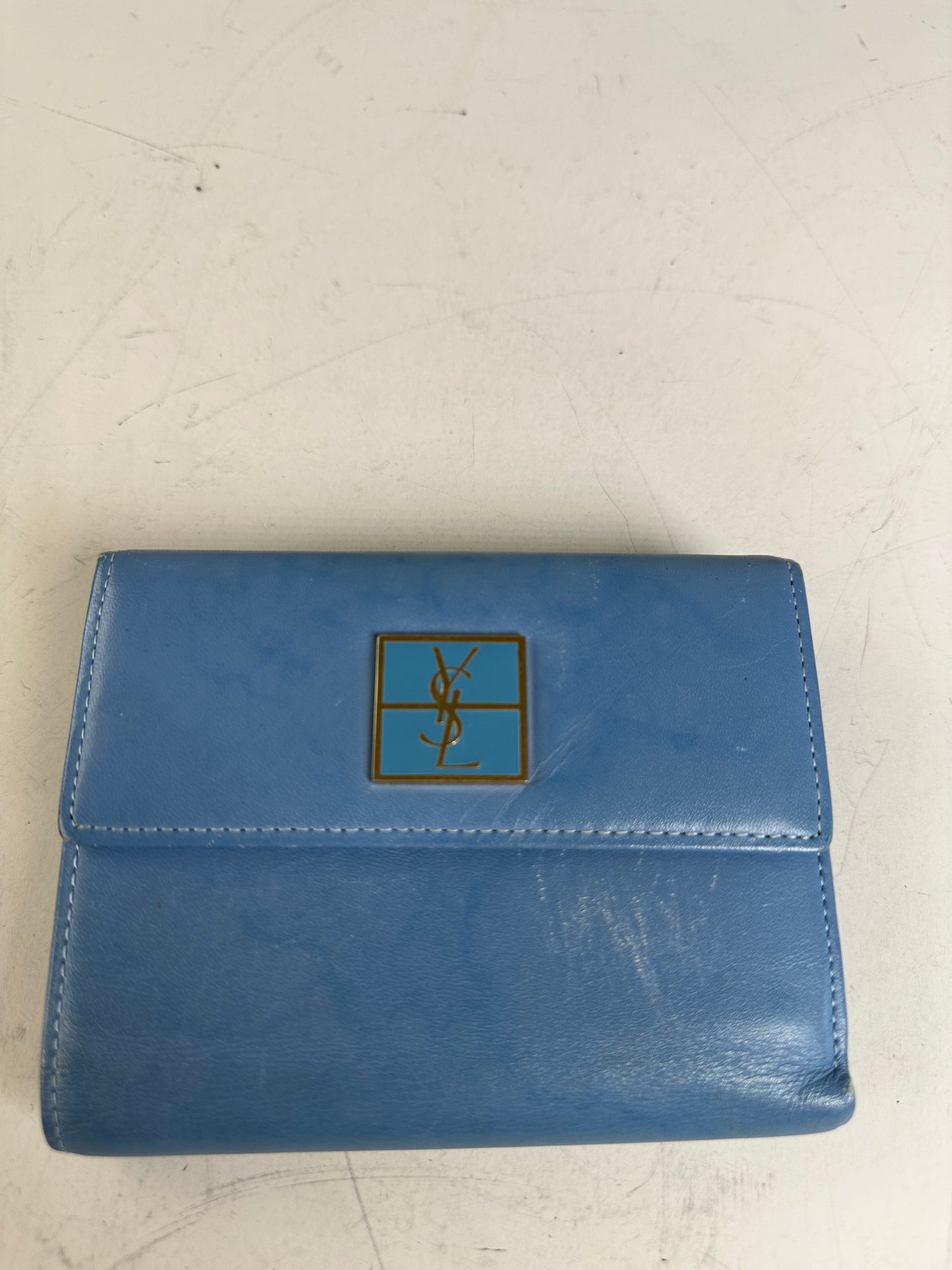 Vintage Saint Laurent Grained Leather Wallet Cobalt Blue Gold