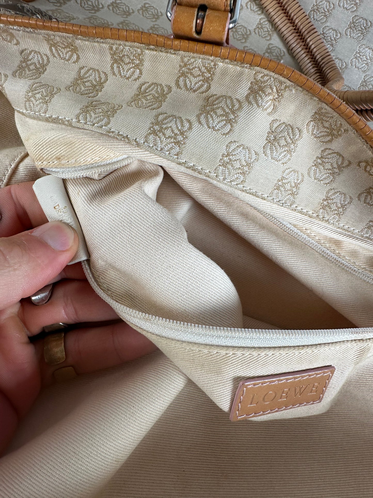 Vintage Loewe Madrid Anagram Canvas Leather tote Bag Beige Brown