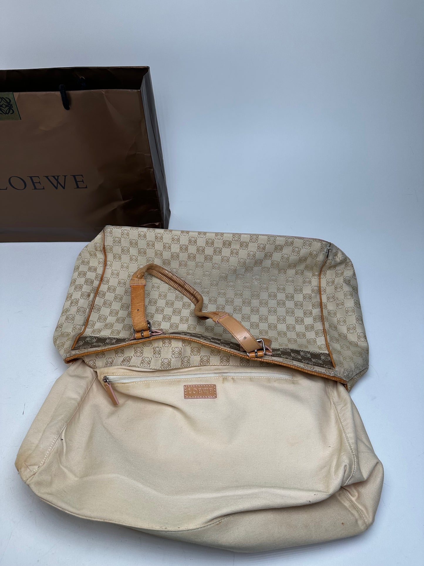 Vintage Loewe Madrid Anagram Canvas Leather tote Bag Beige Brown