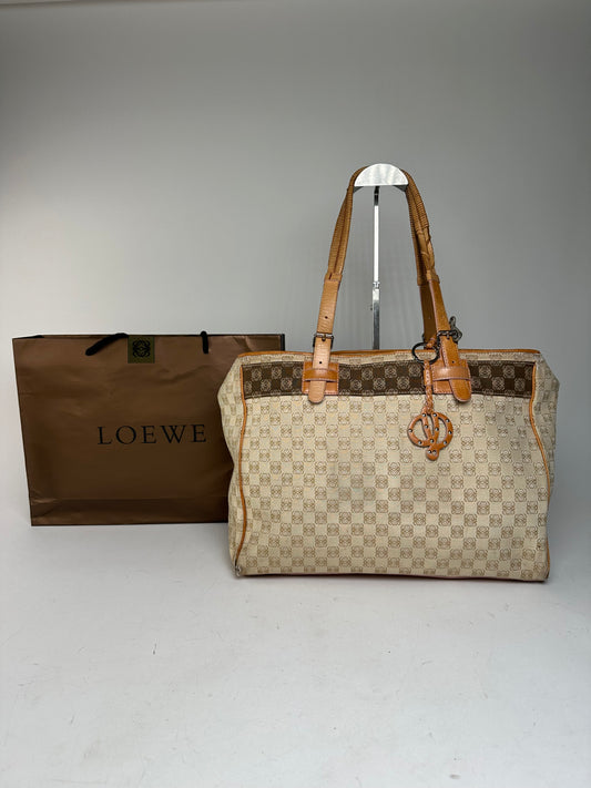 Vintage Loewe Madrid Anagram Canvas Leather tote Bag Beige Brown