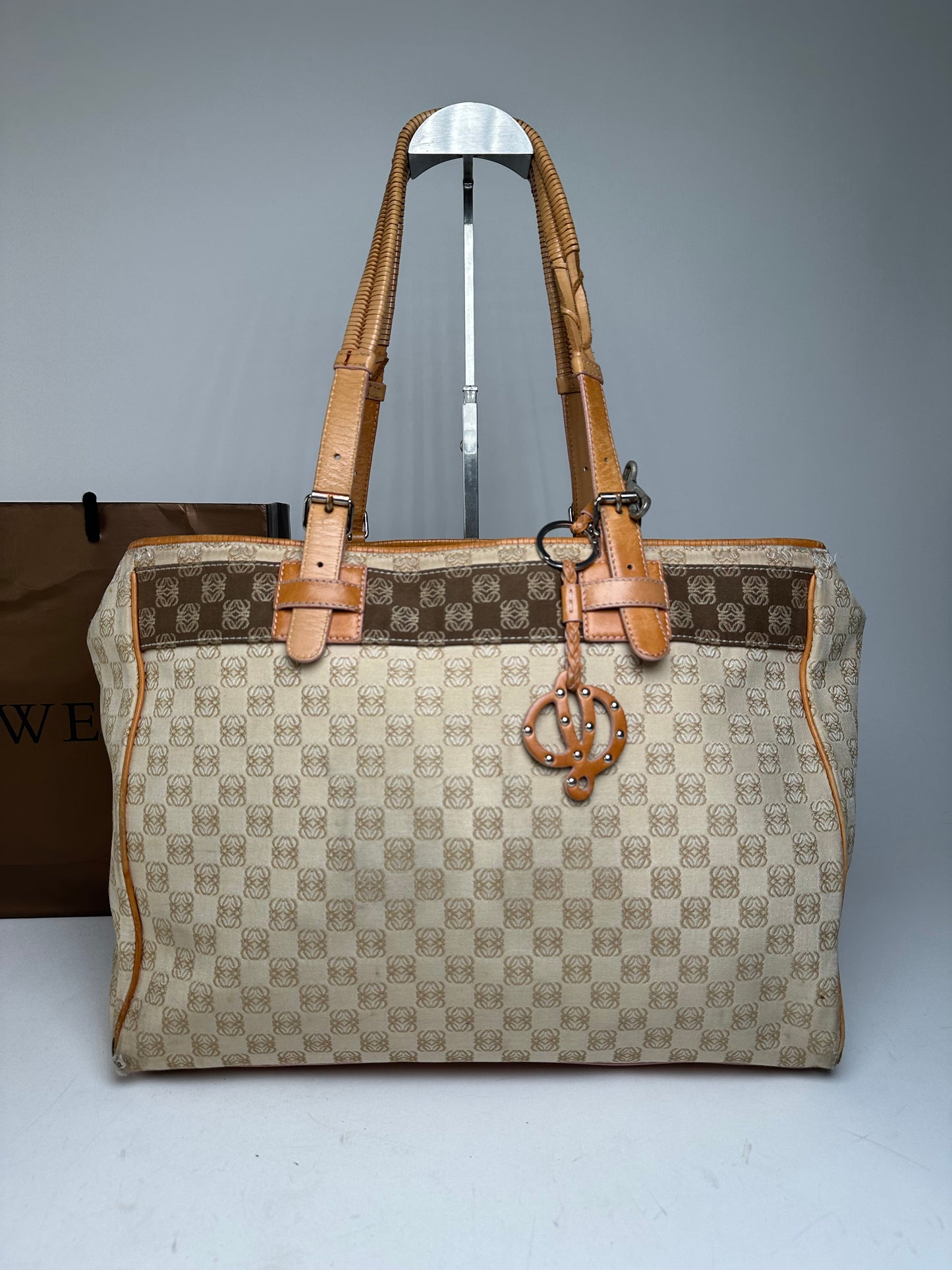 Vintage Loewe Madrid Anagram Canvas Leather tote Bag Beige Brown