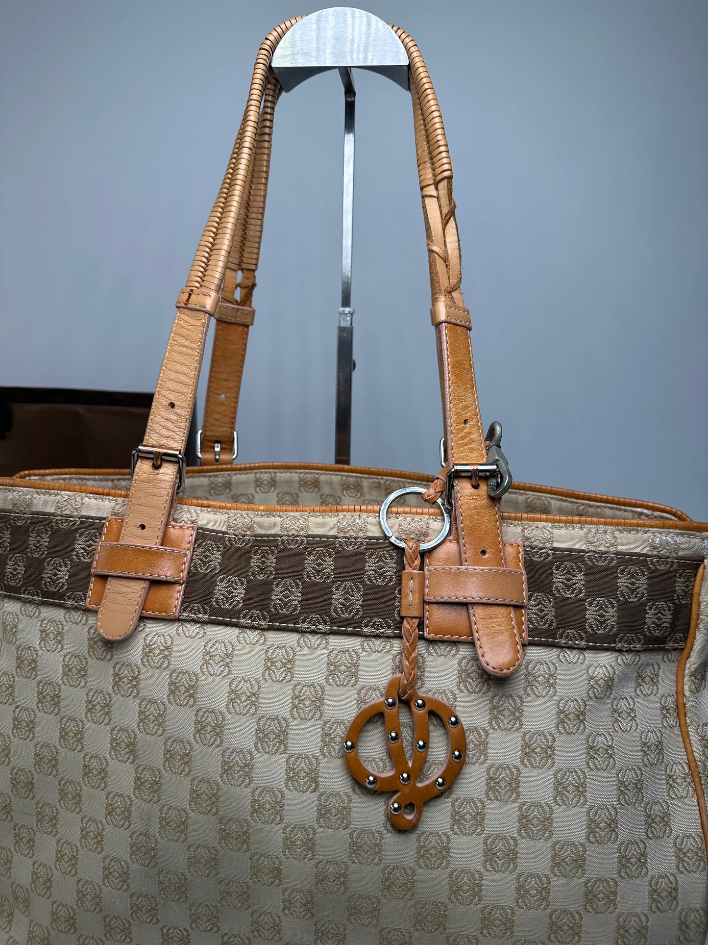 Vintage Loewe Madrid Anagram Canvas Leather tote Bag Beige Brown