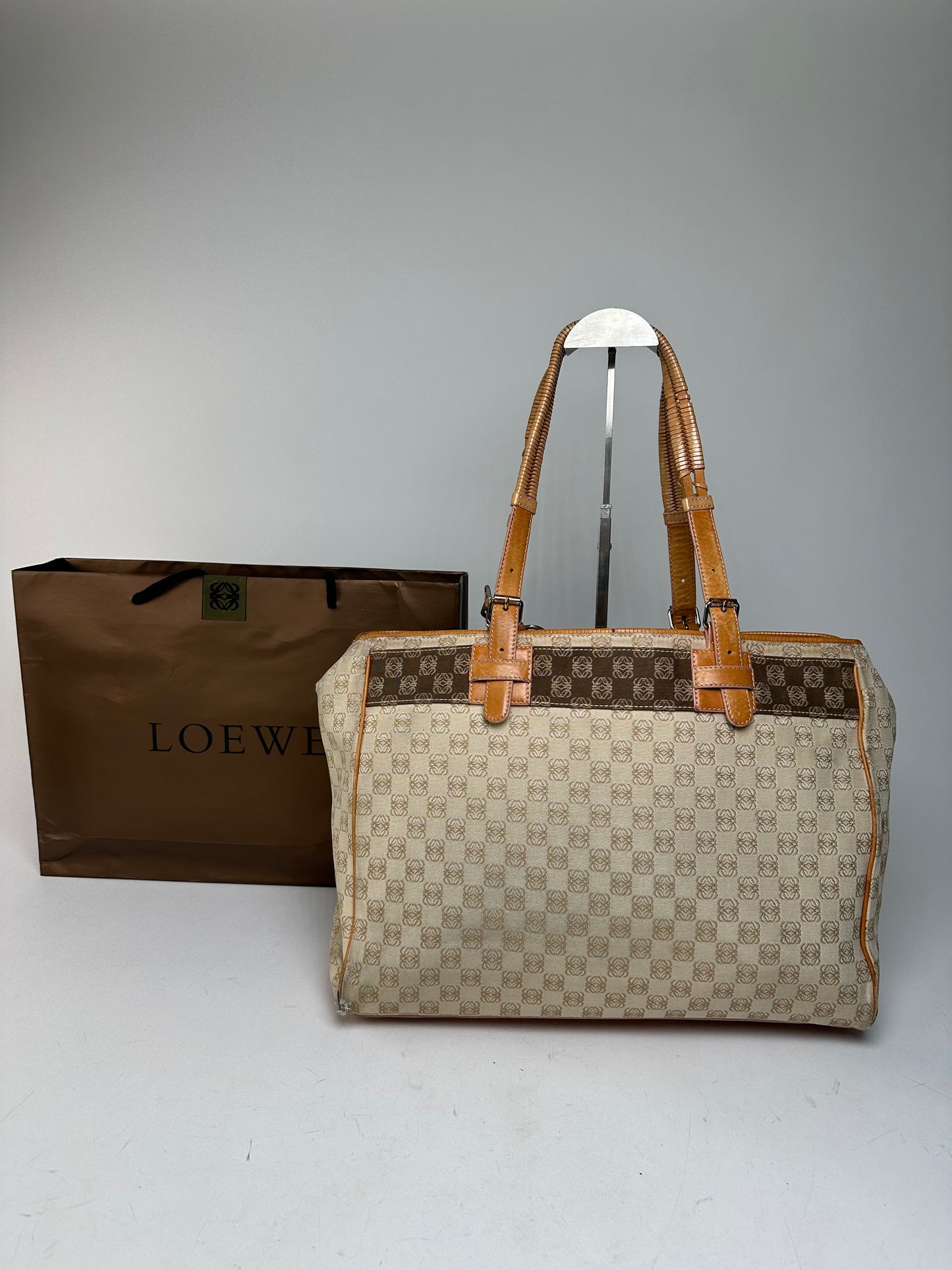 Vintage Loewe Madrid Anagram Canvas Leather tote Bag Beige Brown