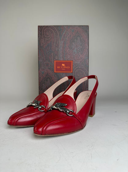 Vintage Etro Leather Slingback Heels Red Silver Chain EU36
