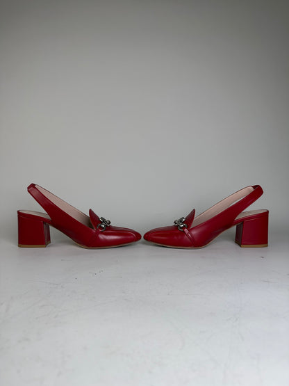 Vintage Etro Leather Slingback Heels Red Silver Chain EU36