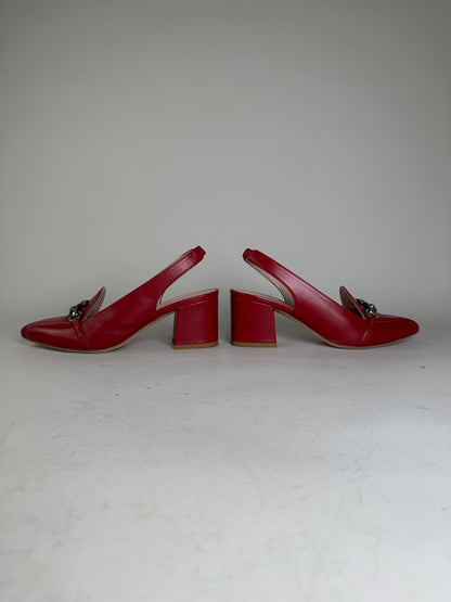 Vintage Etro Leather Slingback Heels Red Silver Chain EU36