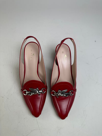 Vintage Etro Leather Slingback Heels Red Silver Chain EU36