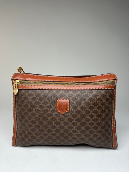 Vintage Celine Paris Triomphe Monogram Leather Clutch Brown