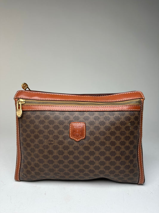 Vintage Celine Paris Triomphe Monogram Leather Clutch Brown