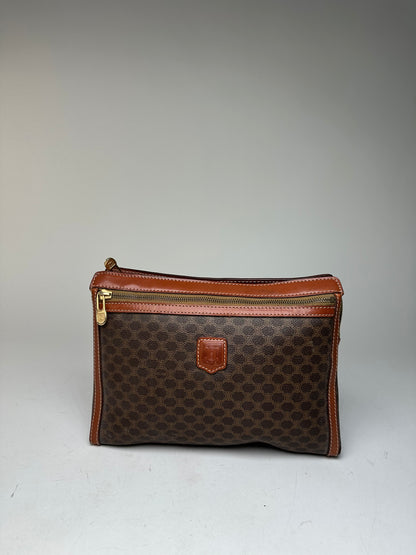 Vintage Celine Paris Triomphe Monogram Leather Clutch Brown