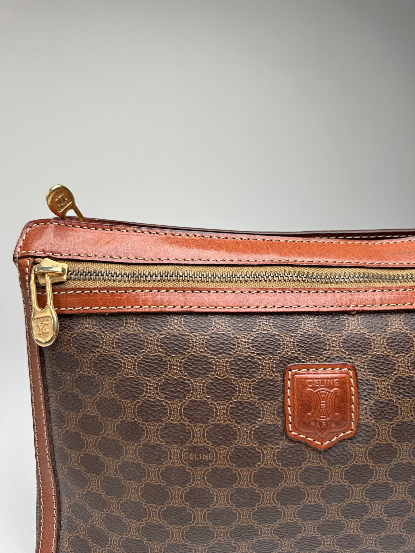 Vintage Celine Paris Triomphe Monogram Leather Clutch Brown