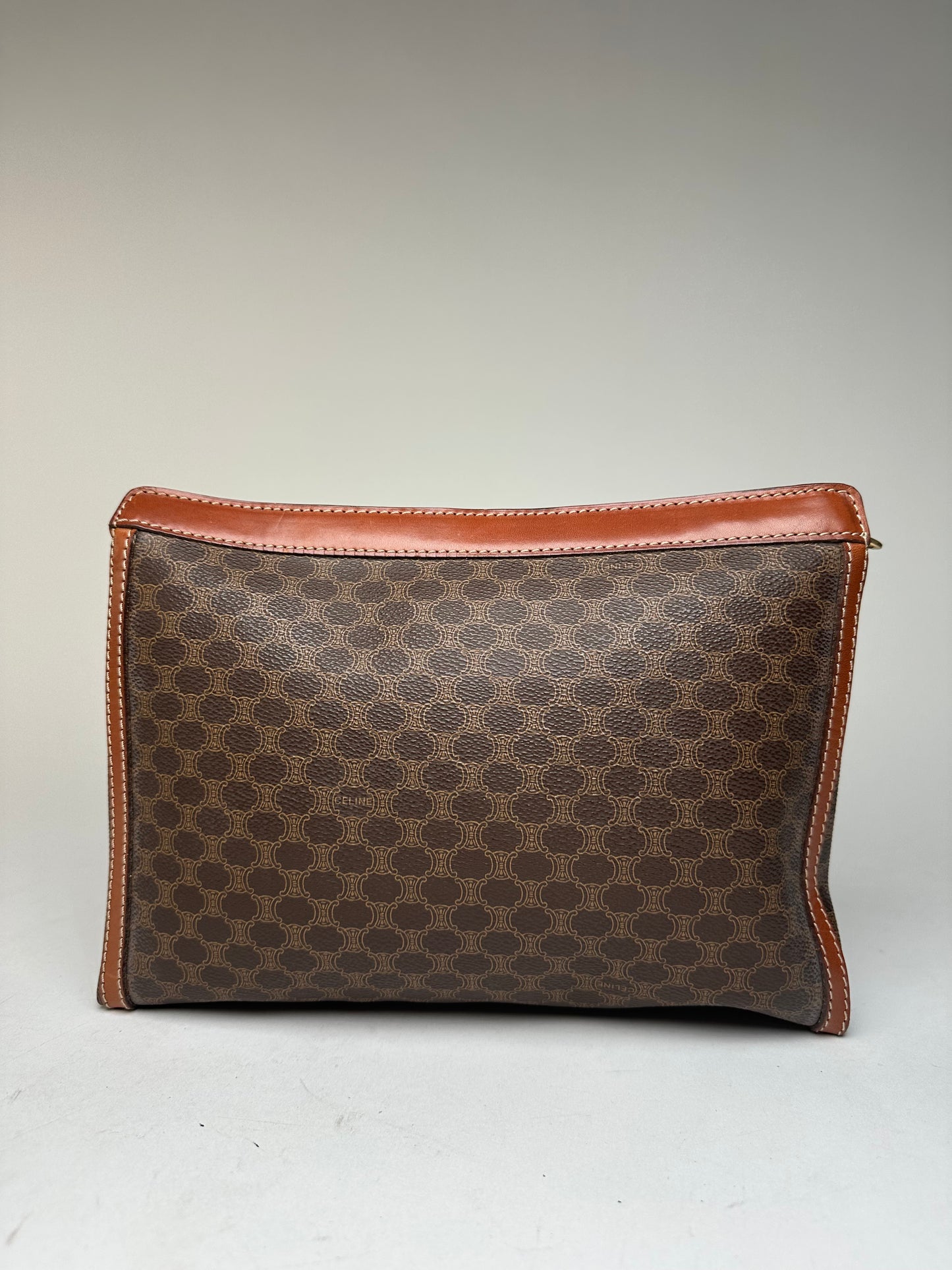 Vintage Celine Paris Triomphe Monogram Leather Clutch Brown