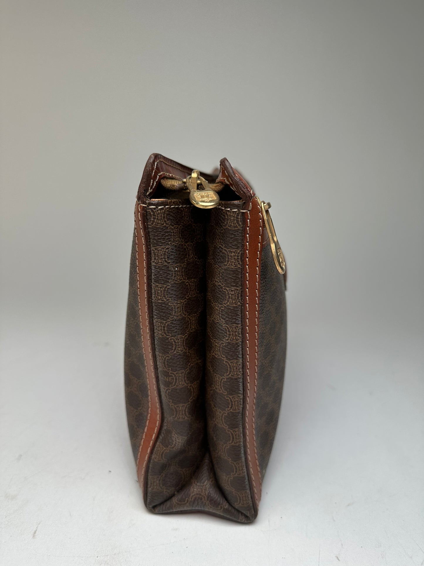 Vintage Celine Paris Triomphe Monogram Leather Clutch Brown