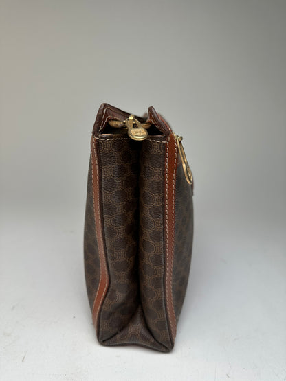 Vintage Celine Paris Triomphe Monogram Leather Clutch Brown