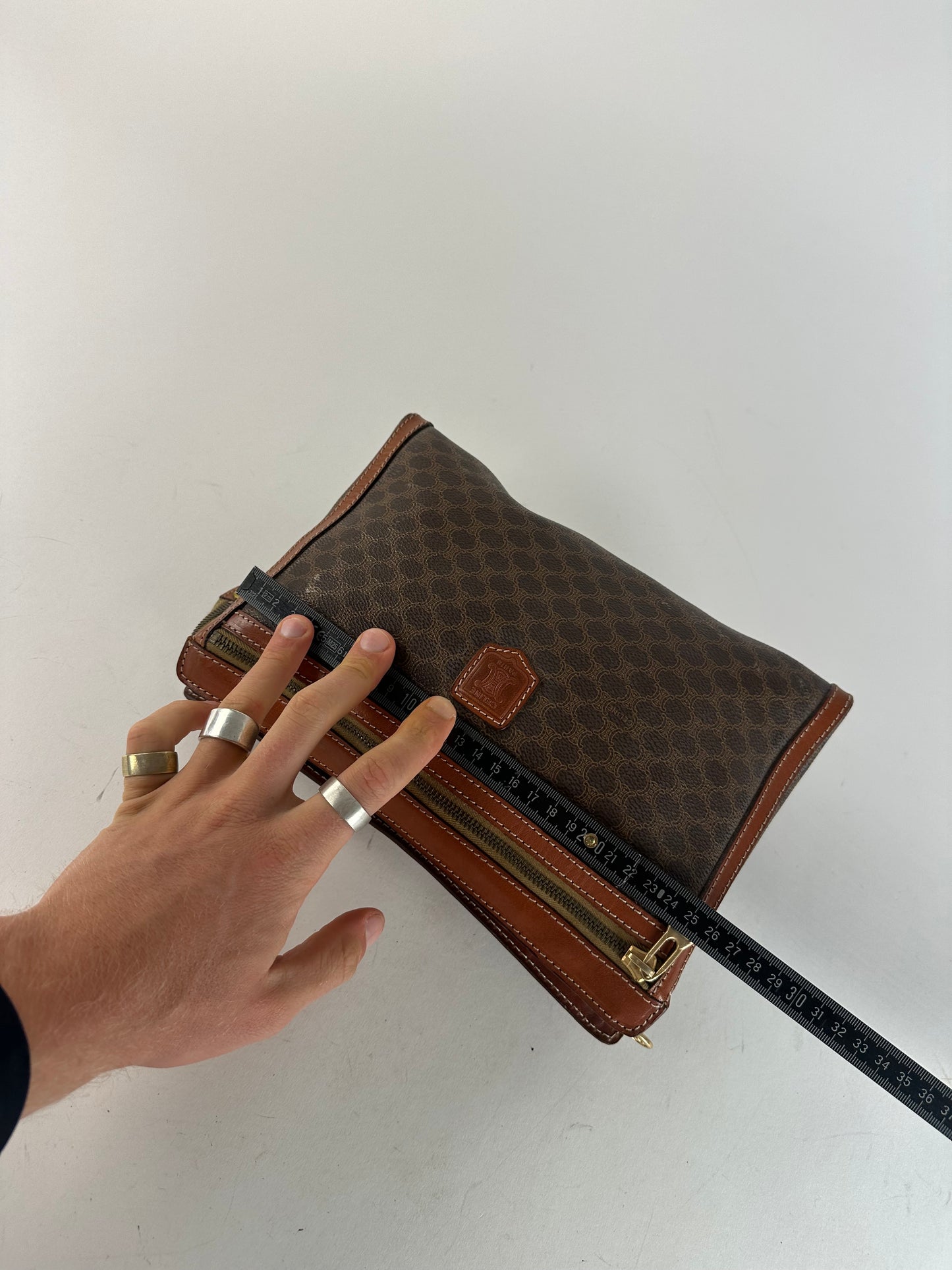 Vintage Celine Paris Triomphe Monogram Leather Clutch Brown
