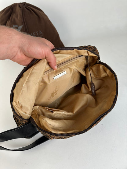 Vintage Bottega Veneta Leopard Suede Shoulder Bag Tan