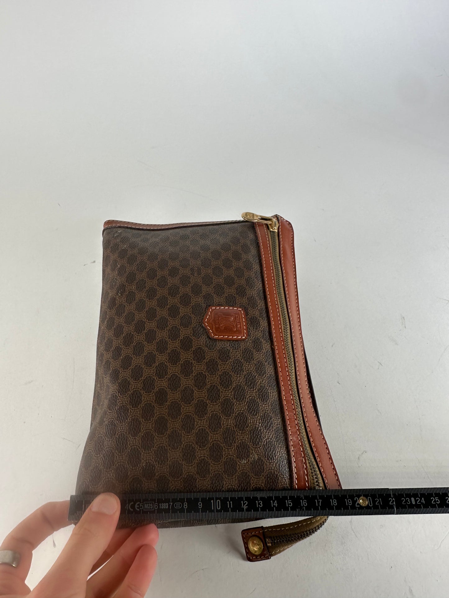 Vintage Celine Paris Triomphe Monogram Leather Clutch Brown