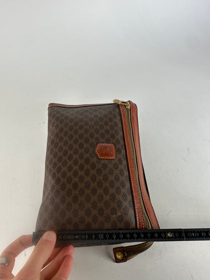 Vintage Celine Paris Triomphe Monogram Leather Clutch Brown