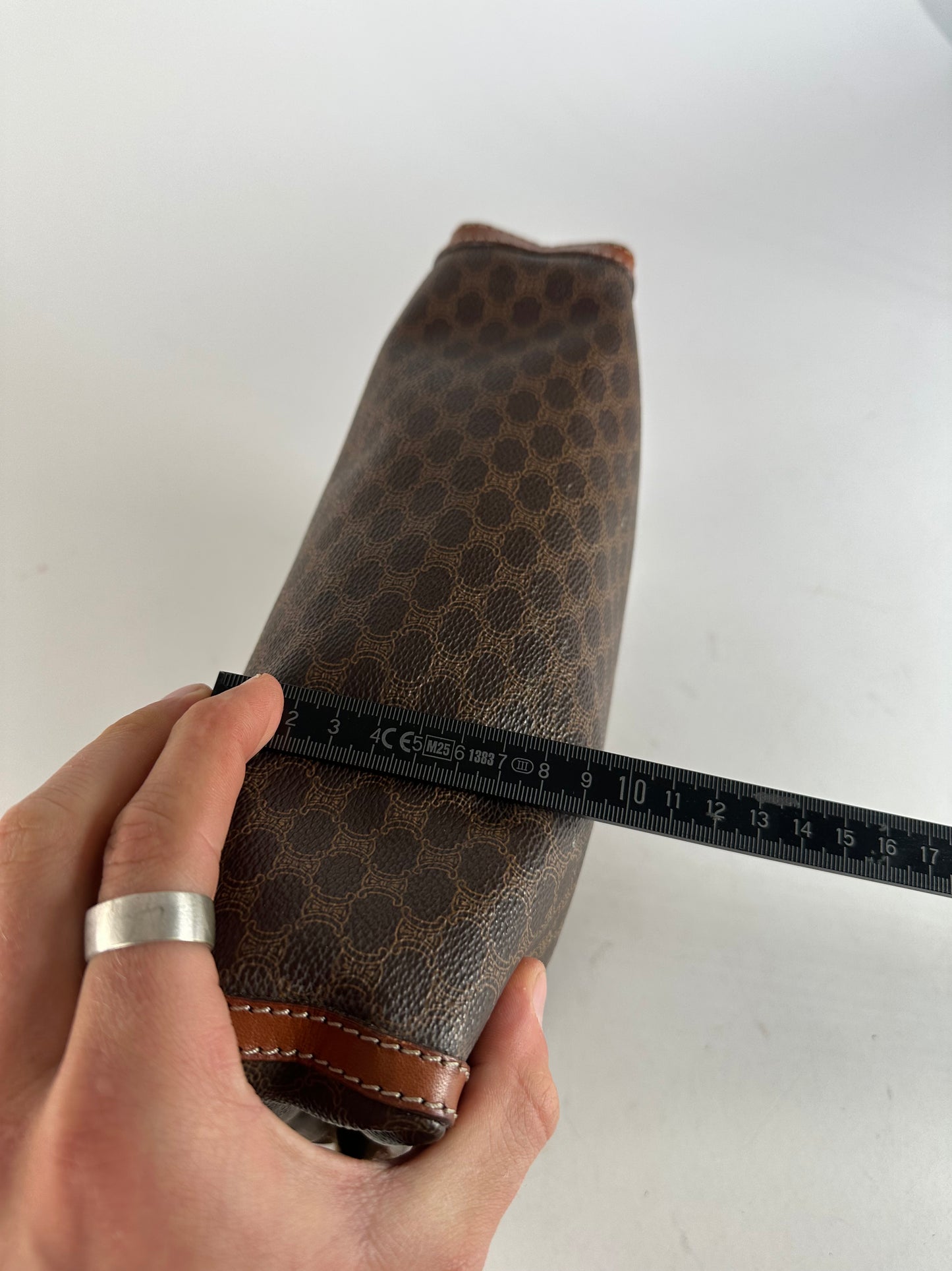 Vintage Celine Paris Triomphe Monogram Leather Clutch Brown