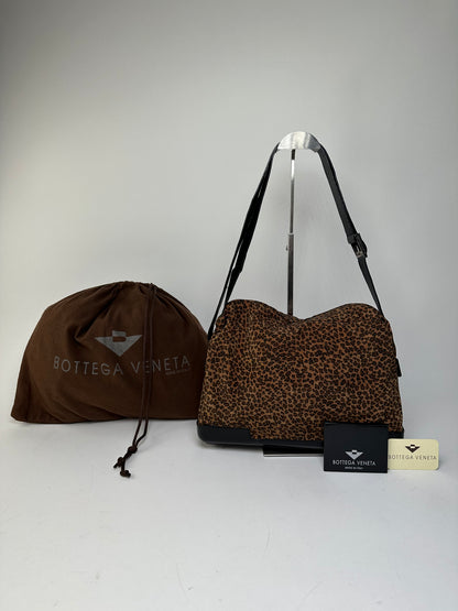 Vintage Bottega Veneta Leopard Suede Shoulder Bag Tan