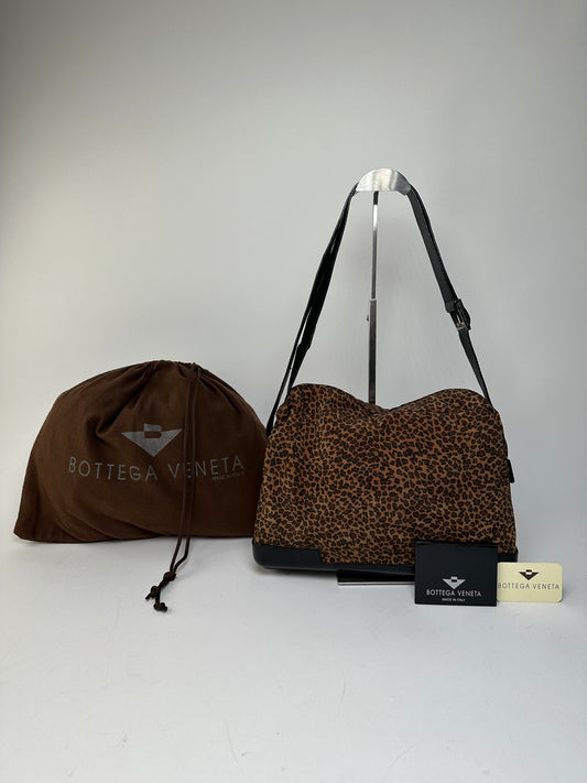 Vintage Bottega Veneta Leopard Suede Shoulder Bag Tan