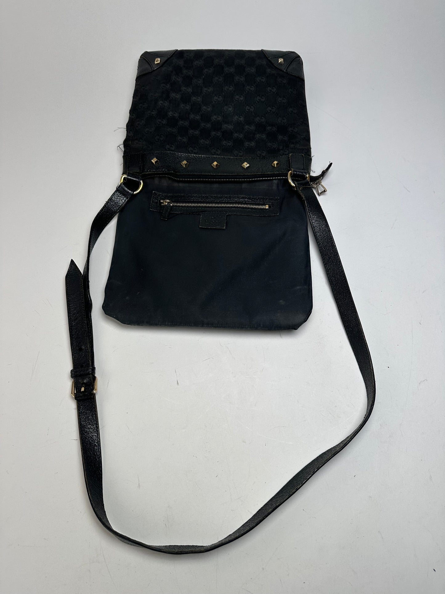 Vintage Gucci Studded Monogram Indy Shoulder / Crossbody Bag Black