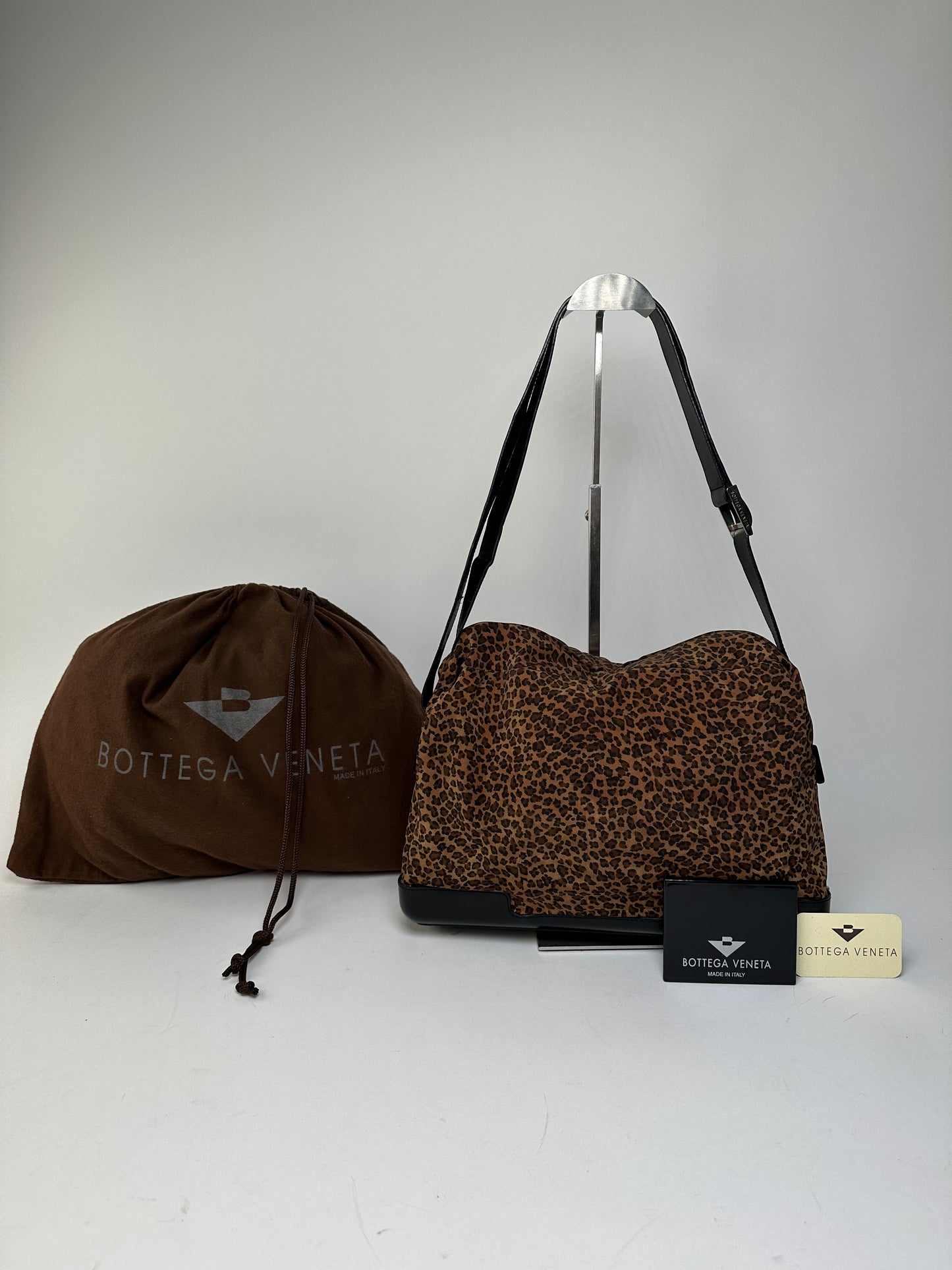 Vintage Bottega Veneta Leopard Suede Shoulder Bag Tan