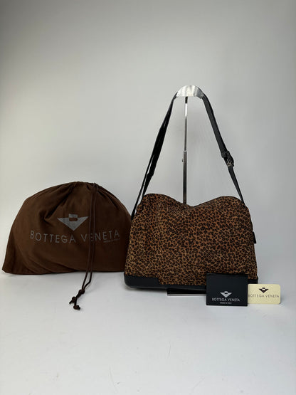 Vintage Bottega Veneta Leopard Suede Shoulder Bag Tan