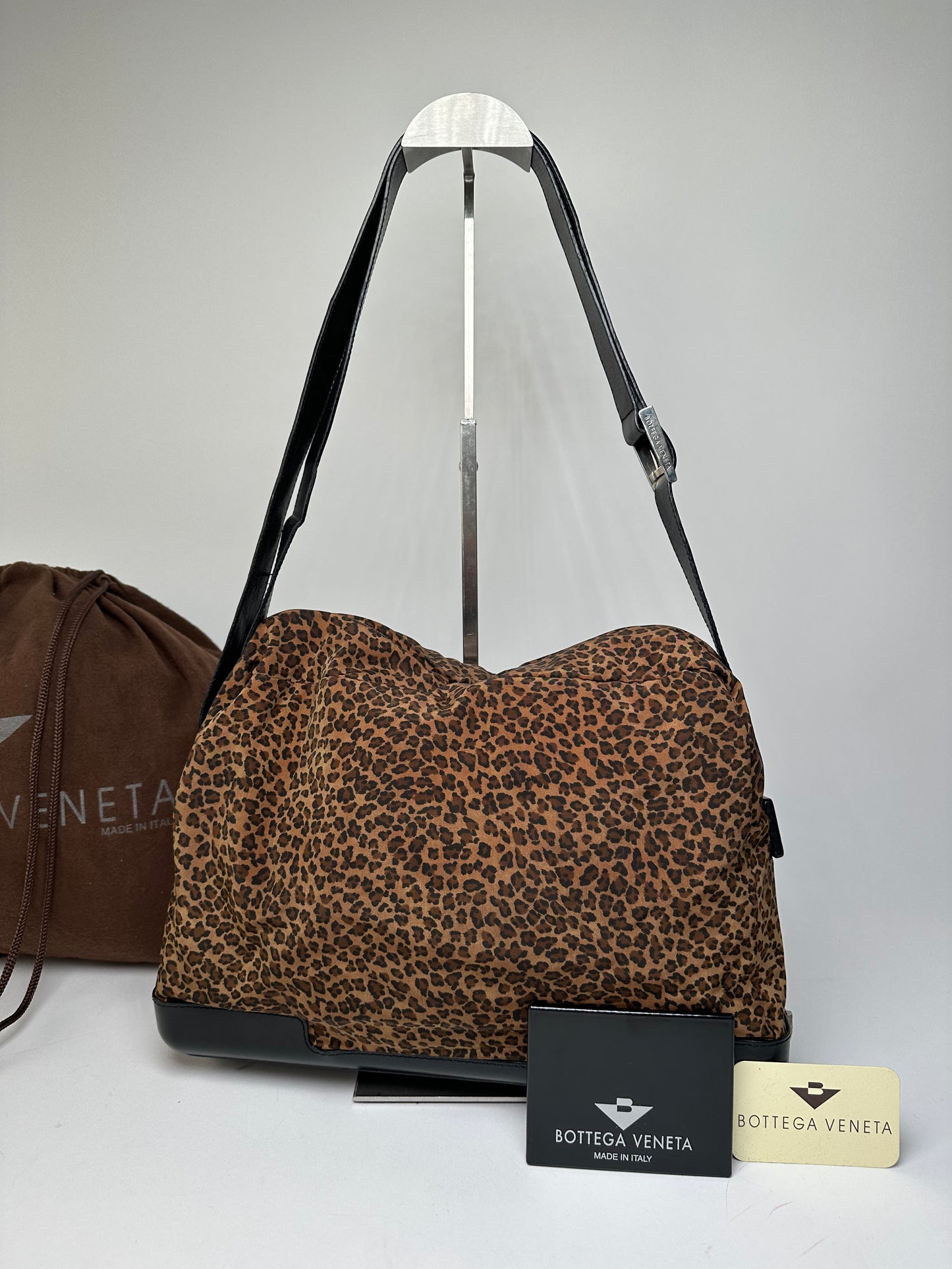 Vintage Bottega Veneta Leopard Suede Shoulder Bag Tan