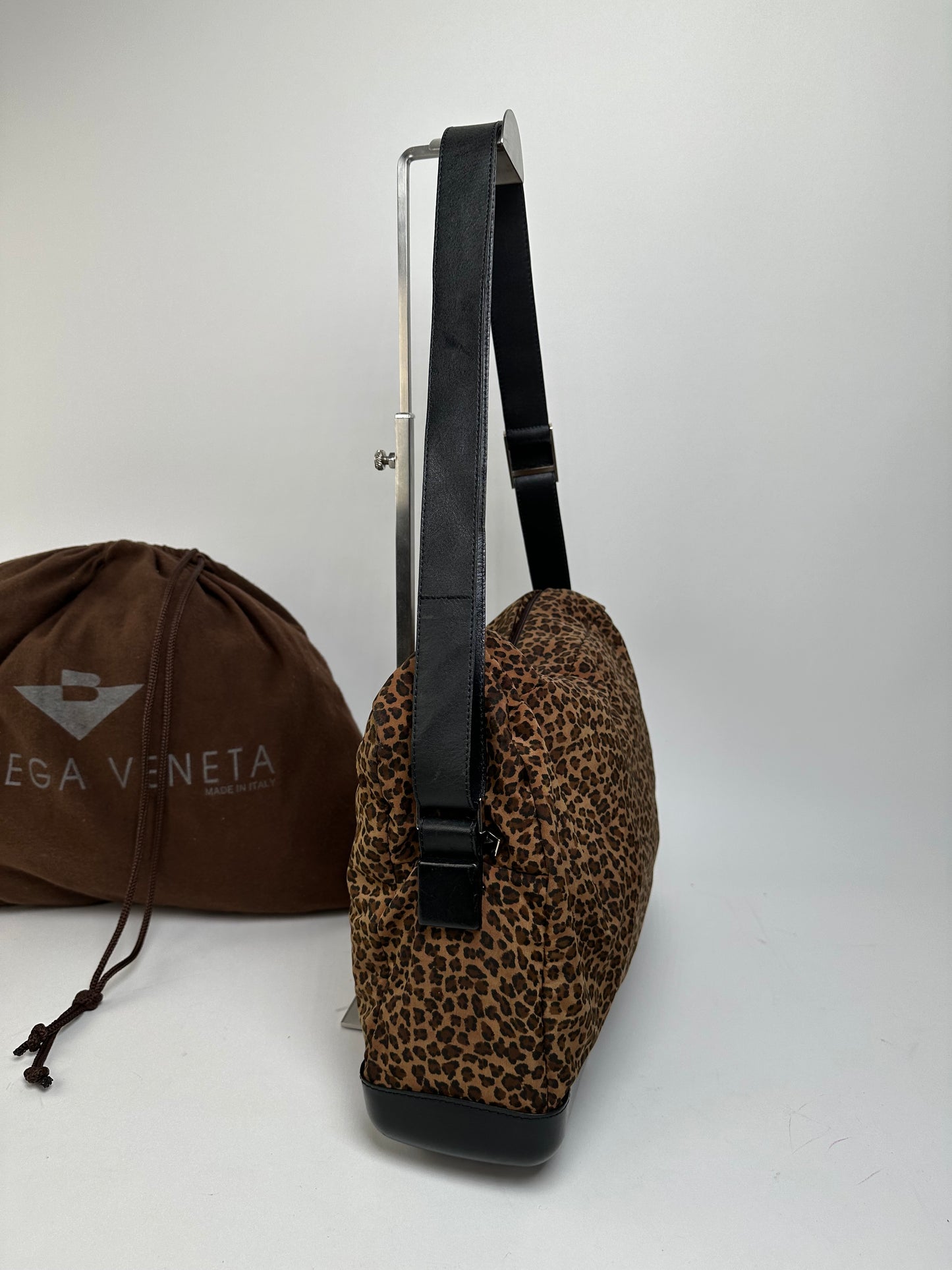 Vintage Bottega Veneta Leopard Suede Shoulder Bag Tan