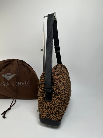 Vintage Bottega Veneta Leopard Suede Shoulder Bag Tan