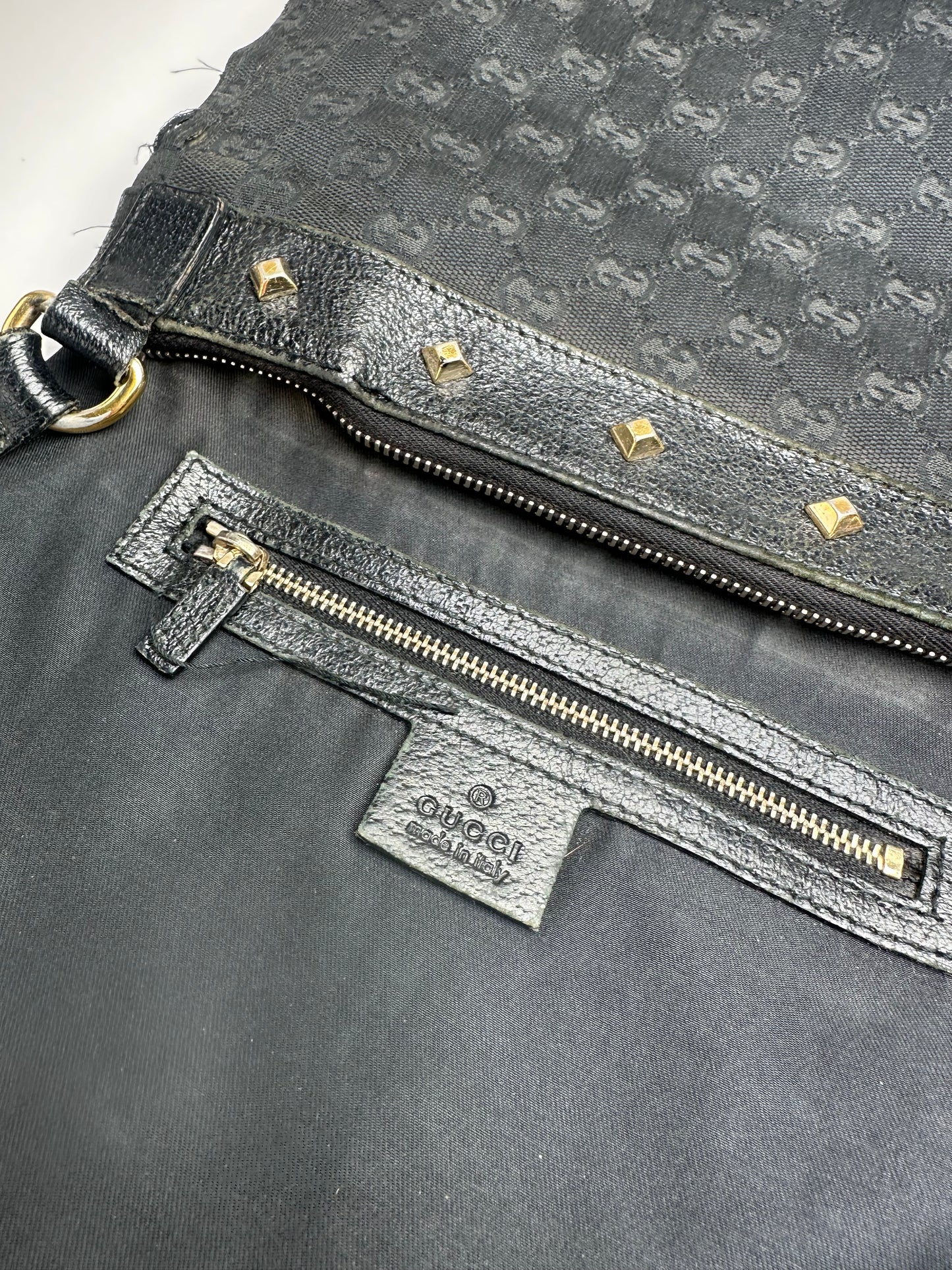 Vintage Gucci Studded Monogram Indy Shoulder / Crossbody Bag Black
