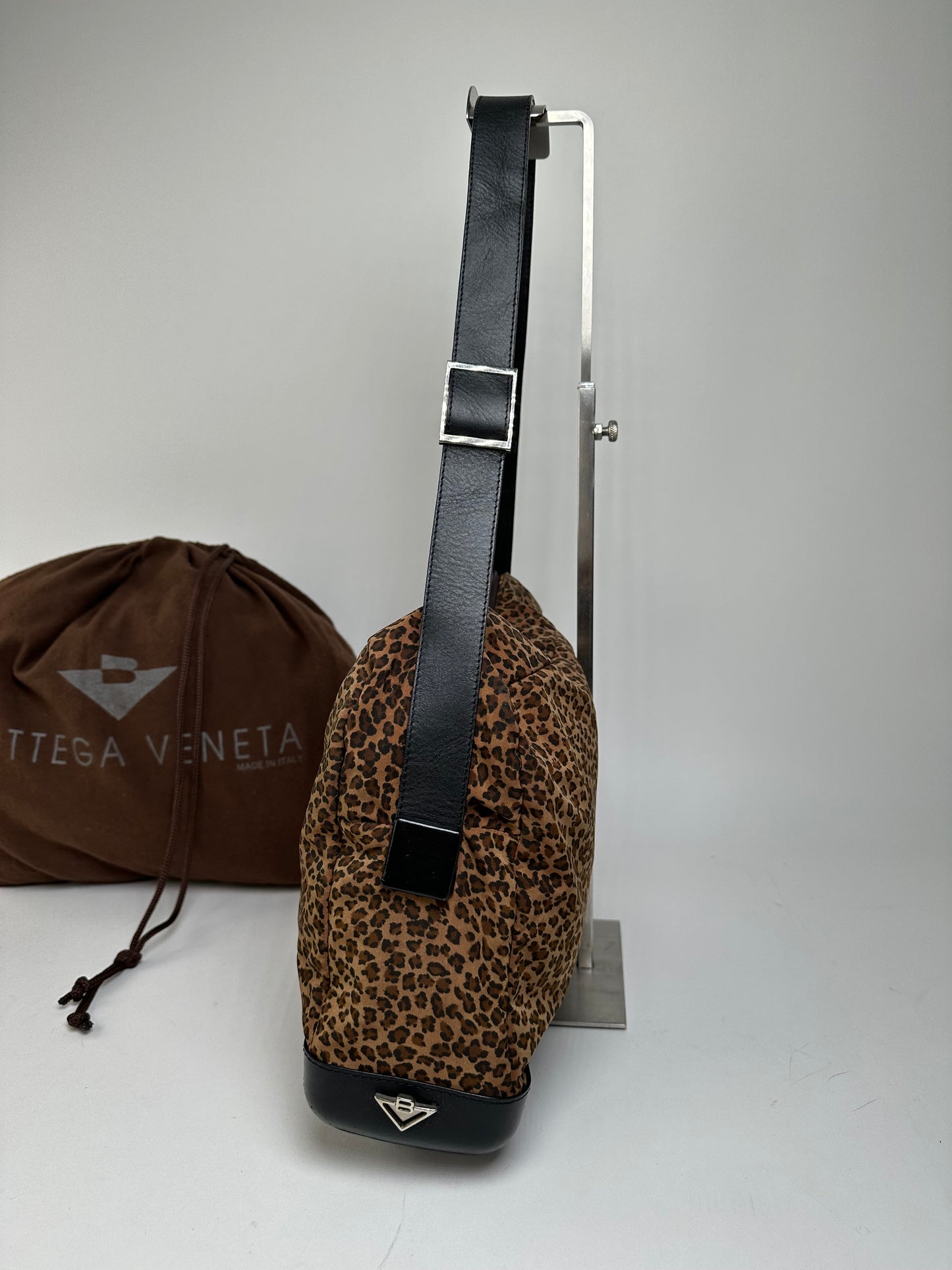 Vintage Bottega Veneta Leopard Suede Shoulder Bag Tan