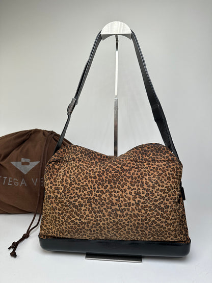 Vintage Bottega Veneta Leopard Suede Shoulder Bag Tan