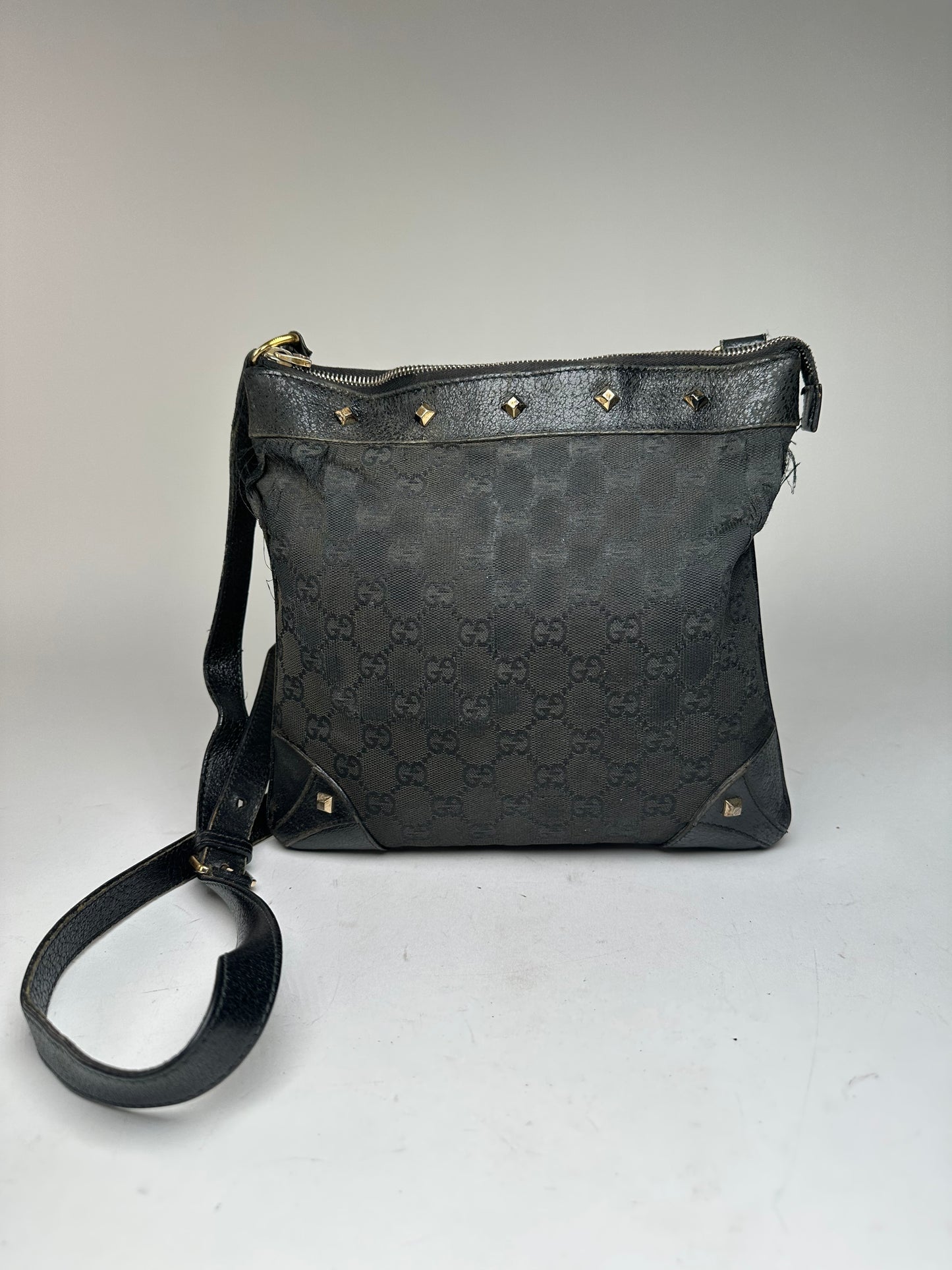 Vintage Gucci Studded Monogram Indy Shoulder / Crossbody Bag Black