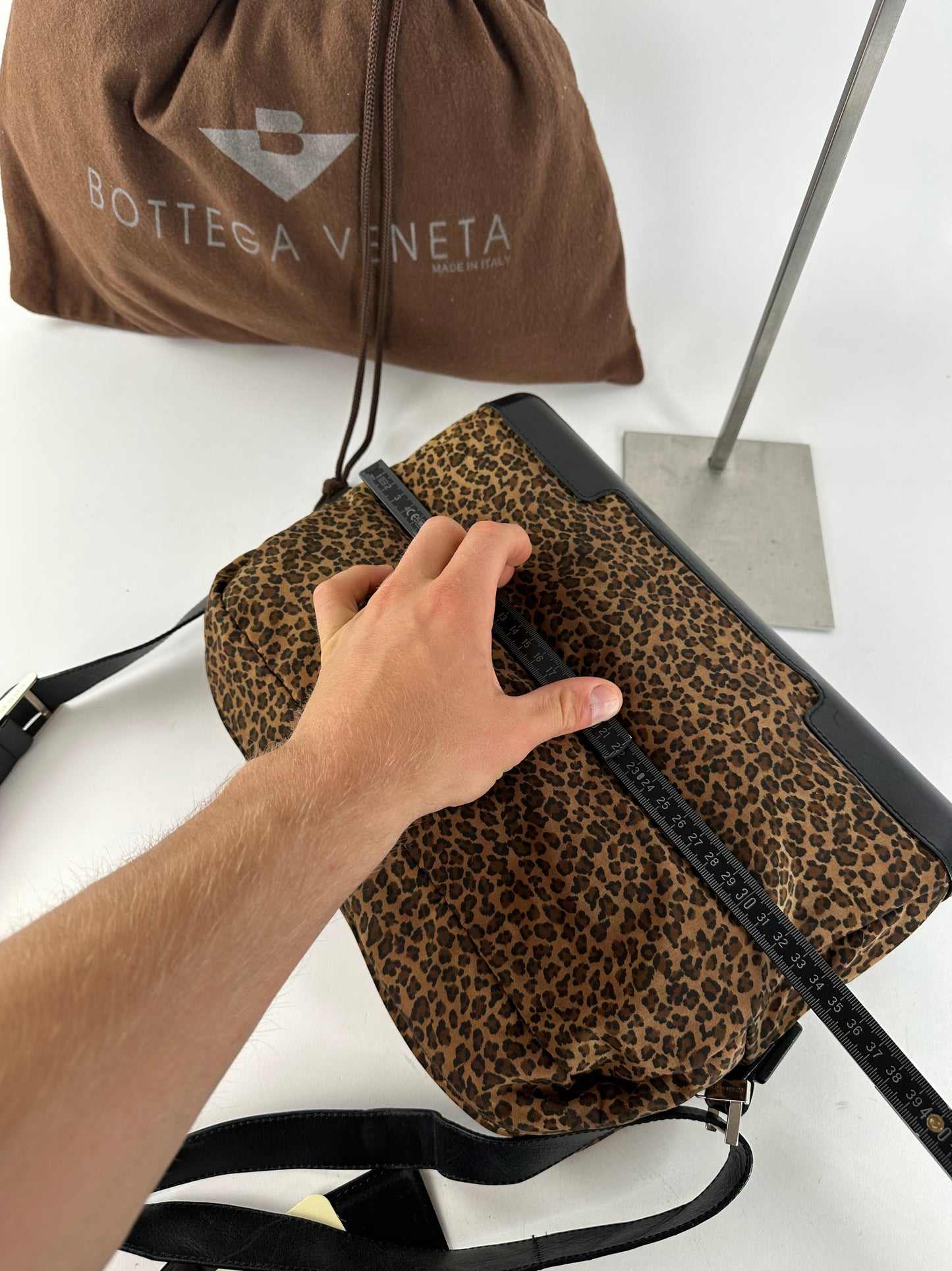 Vintage Bottega Veneta Leopard Suede Shoulder Bag Tan