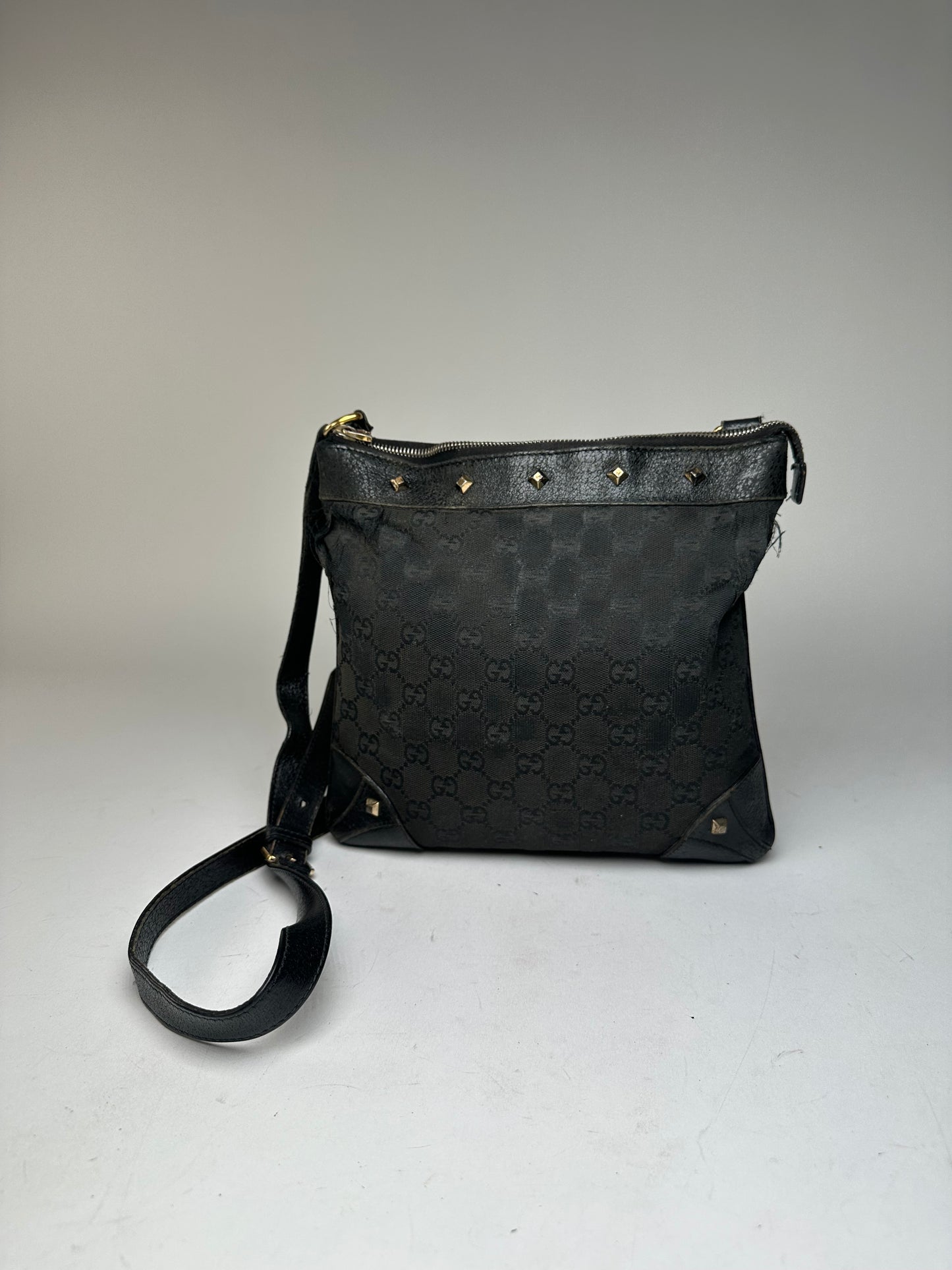Vintage Gucci Studded Monogram Indy Shoulder / Crossbody Bag Black